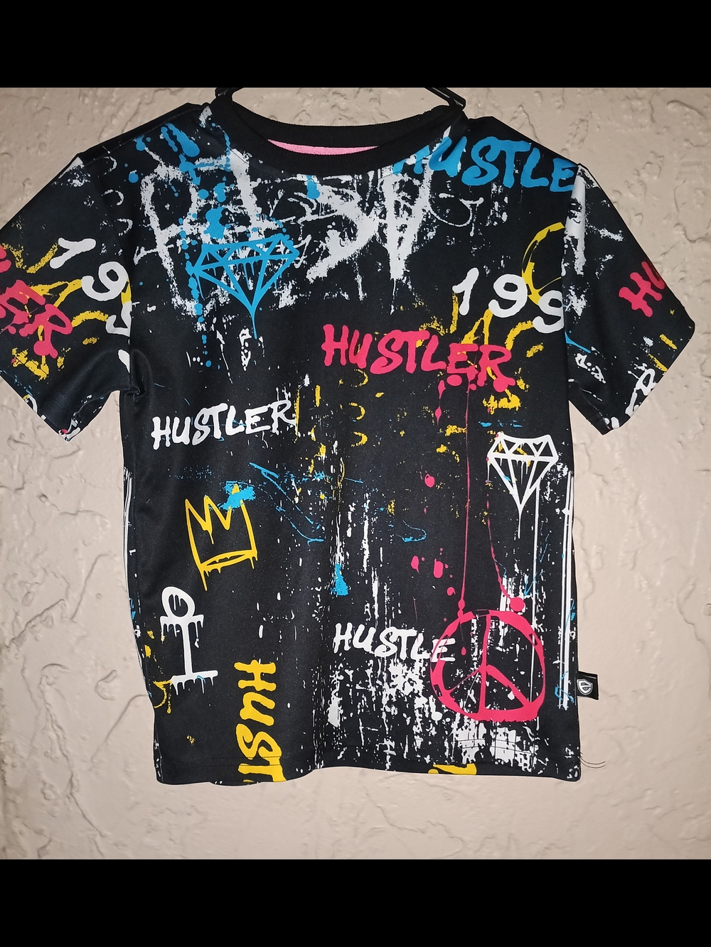 Hustler Kids' Black Graphic Tee with Multicolor Street Art Print